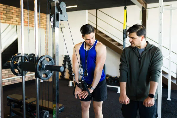 Male client performing strength exercises with a personal training coach