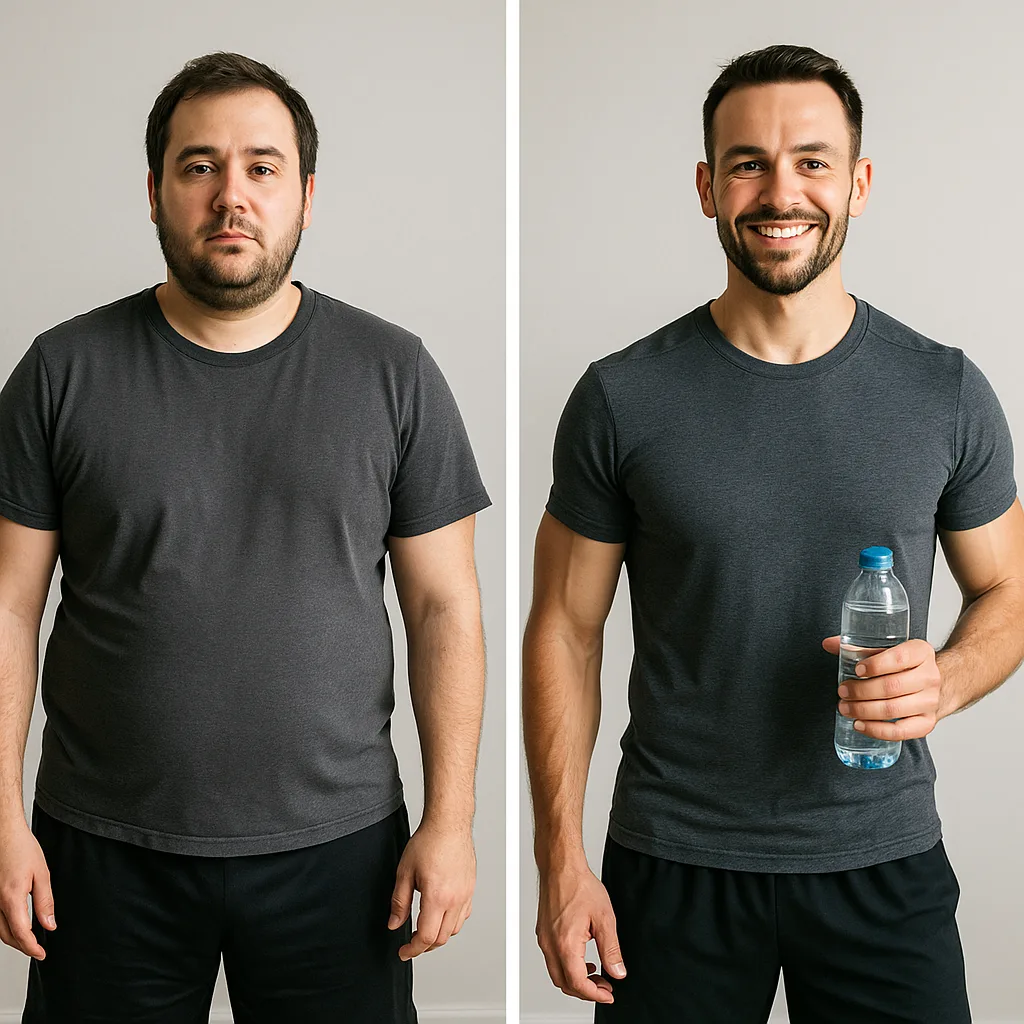 Side-by-side photo of a man with diabetes. Before: looking tired and inactive. After: healthier physique, strong arms, holding a water bottle, smiling