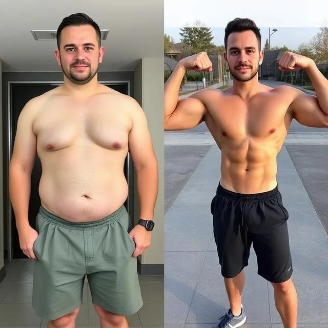 Before-and-after body transformation scene after FITSCRIPT fitness coaching