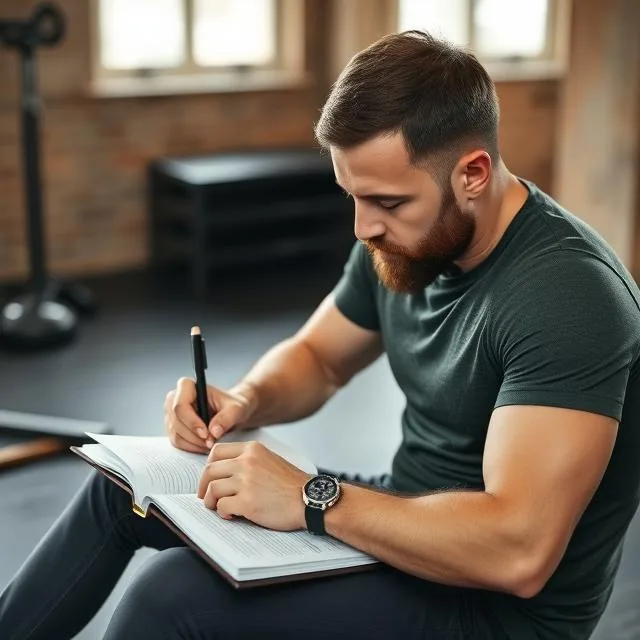 Person writing in a fitness tracking journal