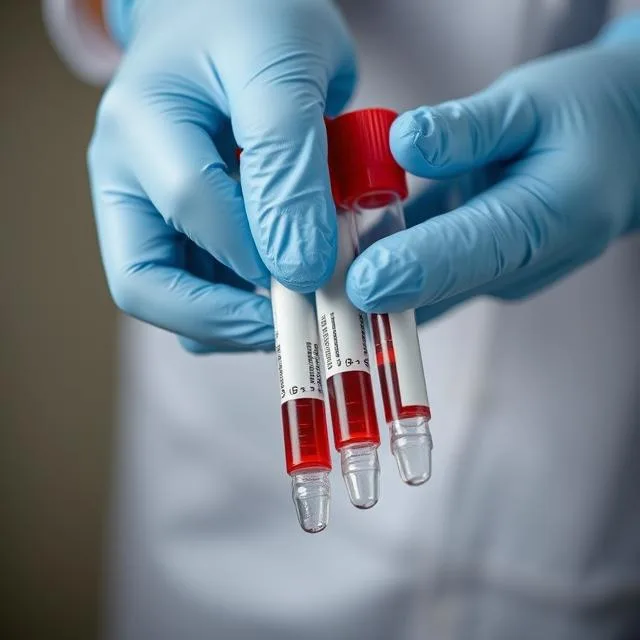 Close-up of gloved hands handling blood collection tubes