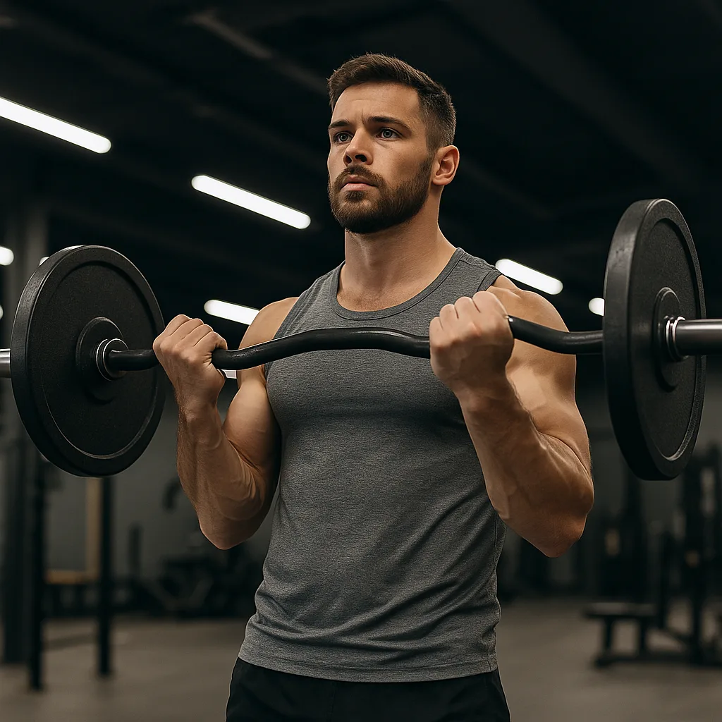 Man following his coaching plan by doing a bicep curl with an EZ bar at the gym
