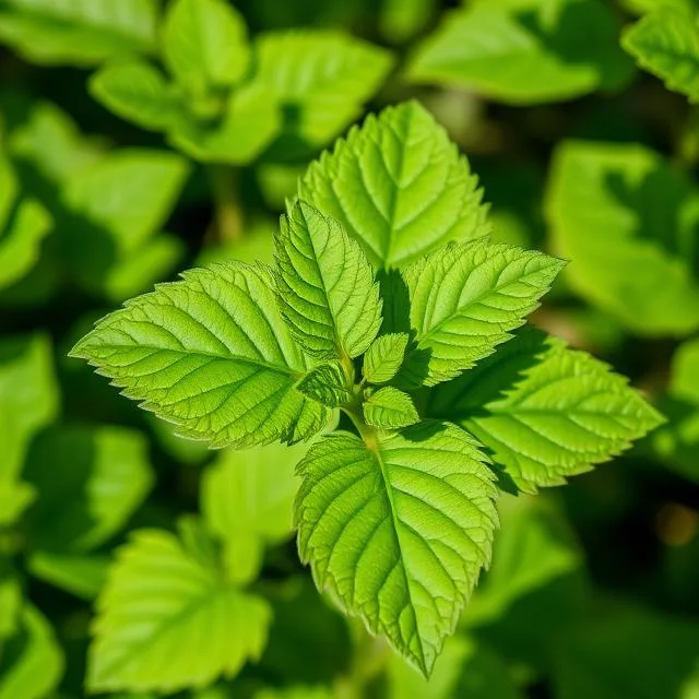 Detailed image of stevia plant leaves in natural sunlight