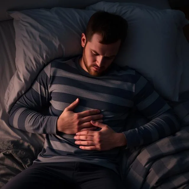 Man clutching stomach after restless night