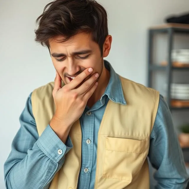 Tired worker yawning and covering mouth and holding stomach