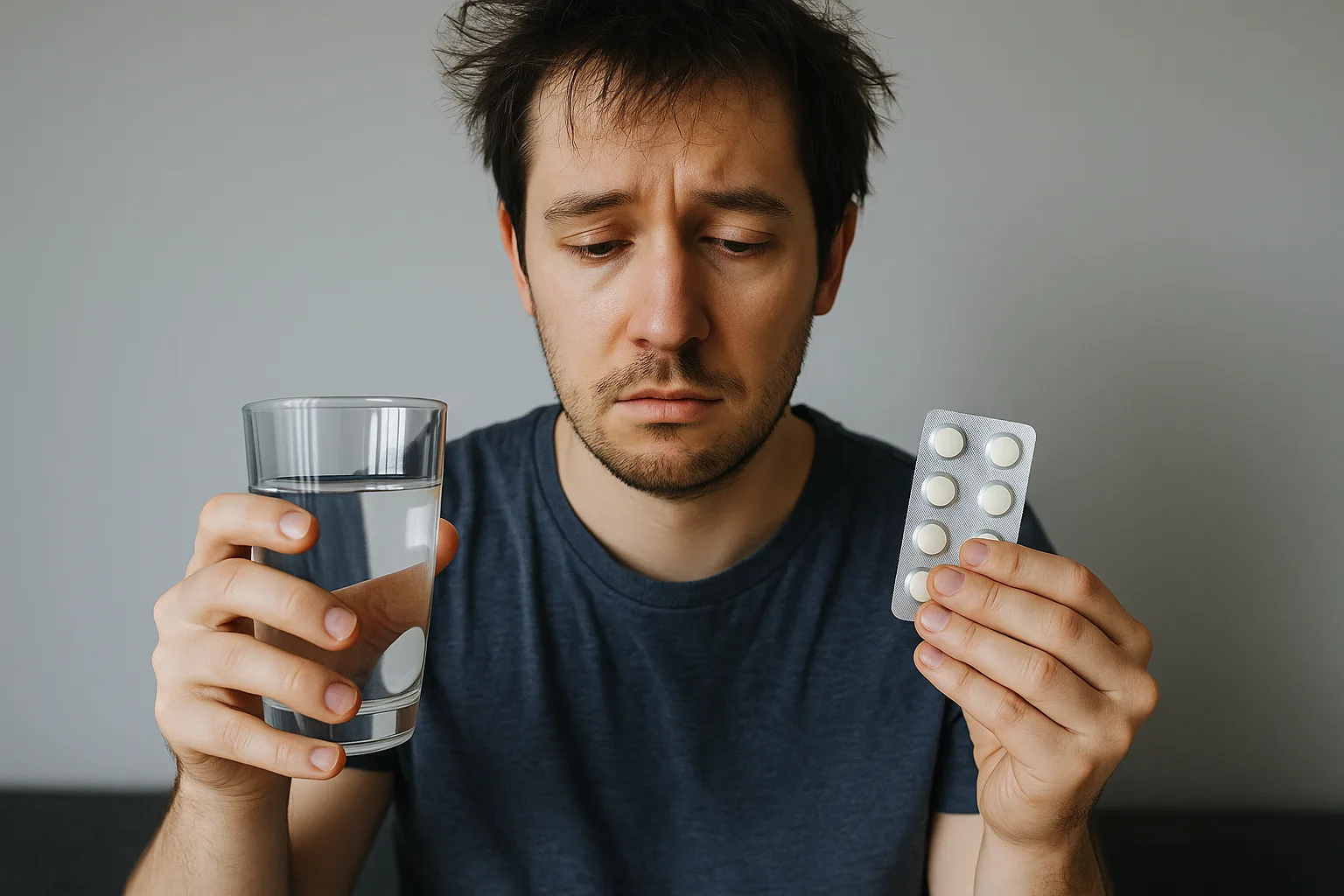 Sleep-deprived man holding water and nausea tablets