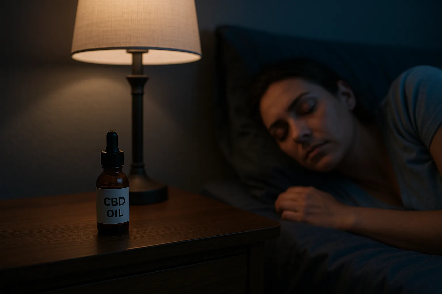 CBD oil bottle on nightstand before sleep