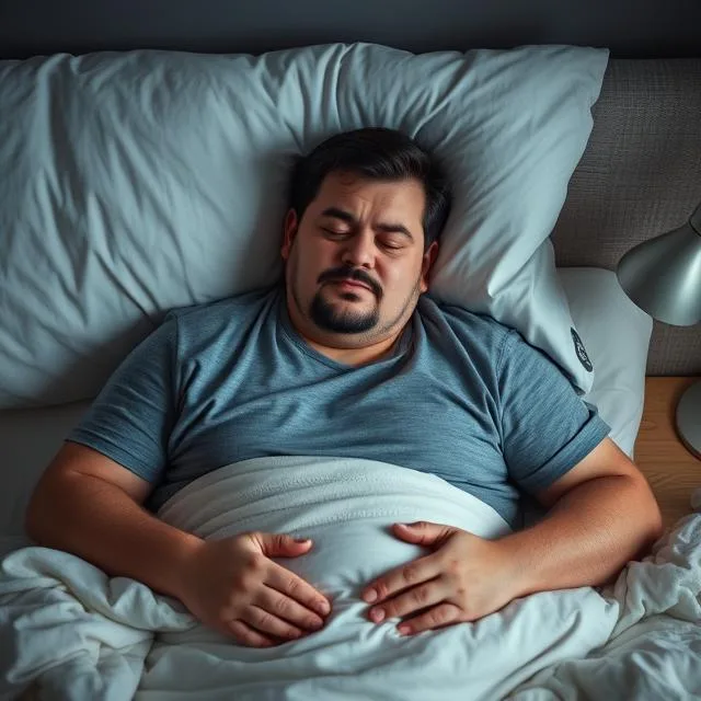 Snoring man struggling with weight gain from poor sleep