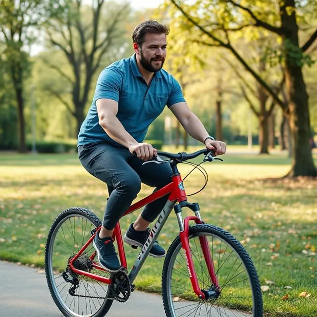 Man riding a bike through a park to reduce belly fat