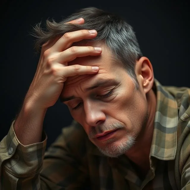 Man resting with hand on forehead due to fatigue.
