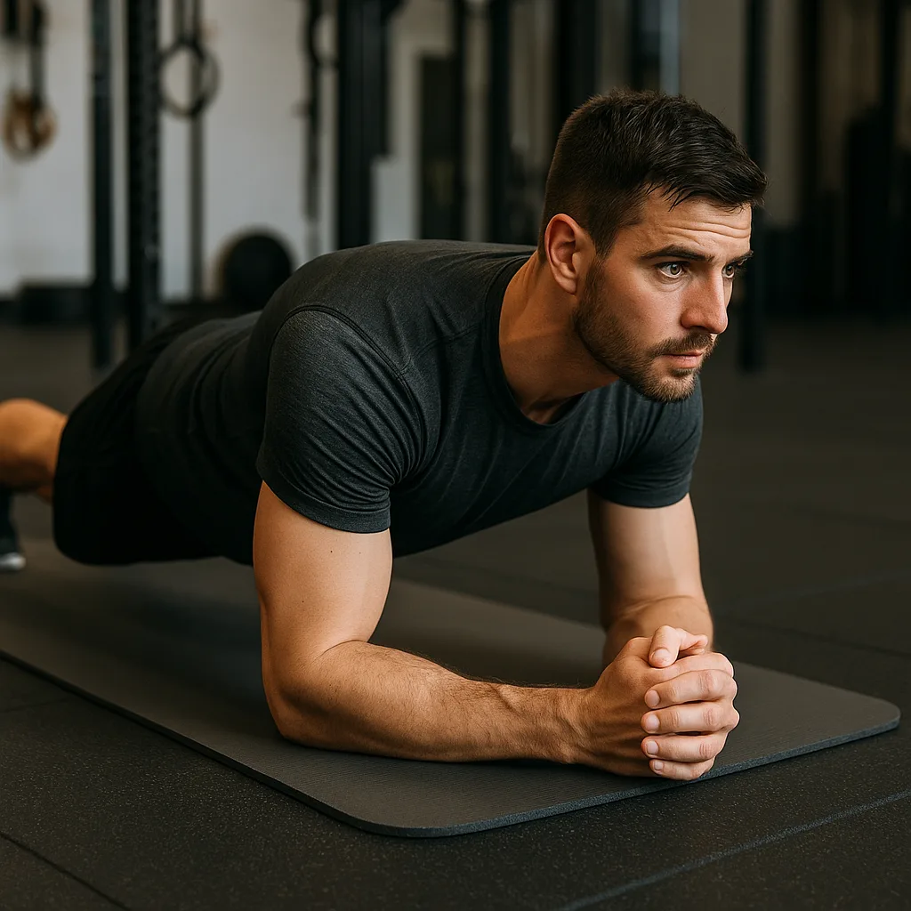Man holding plank position on gym mat