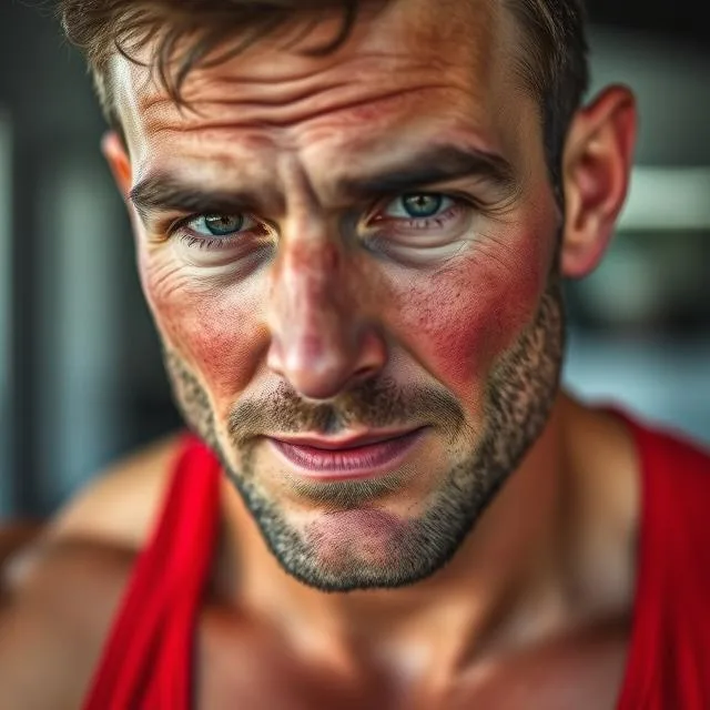 man Red cheeks close-up from high-intensity exercise.