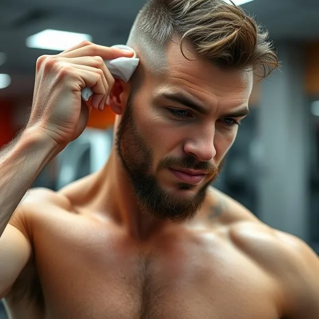 Man wiping sweat after gym session to prevent acne.