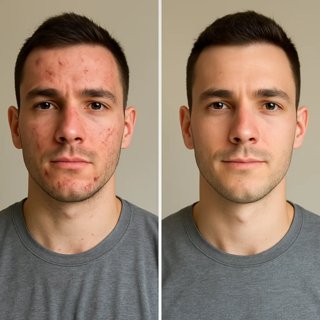 Acne-prone skin on man before and after consistent workouts.