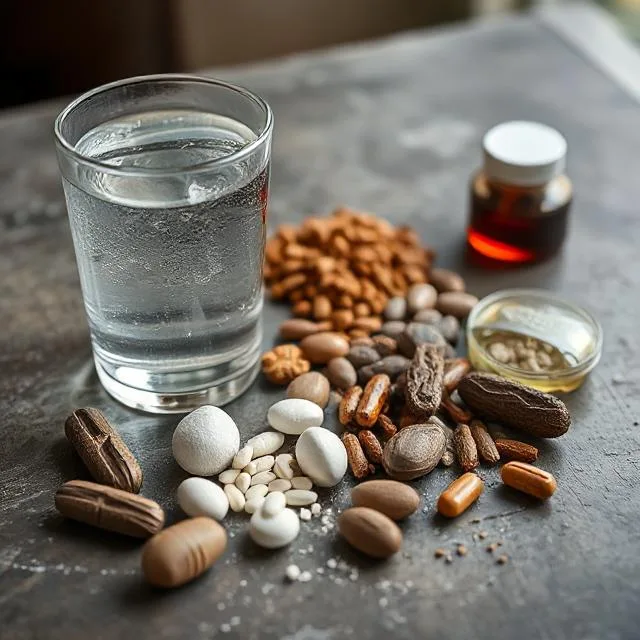 Iron supplements on table with water glass.