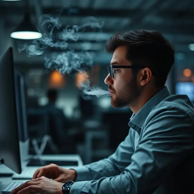 Person trying to focus at work while vaping.
