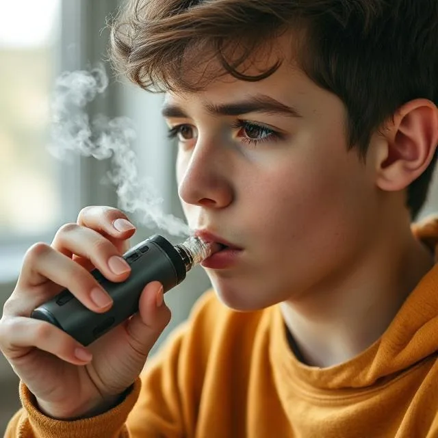 Teen using vape device with concerned look.