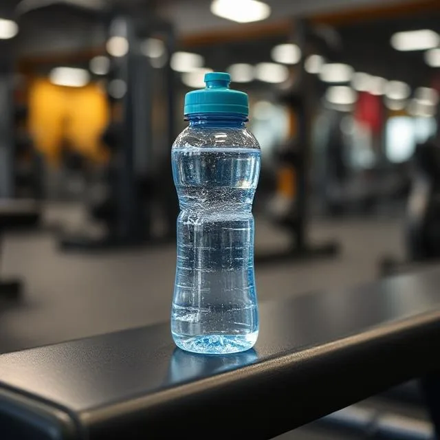 Water bottle on a gym bench highlighting hydration importance.