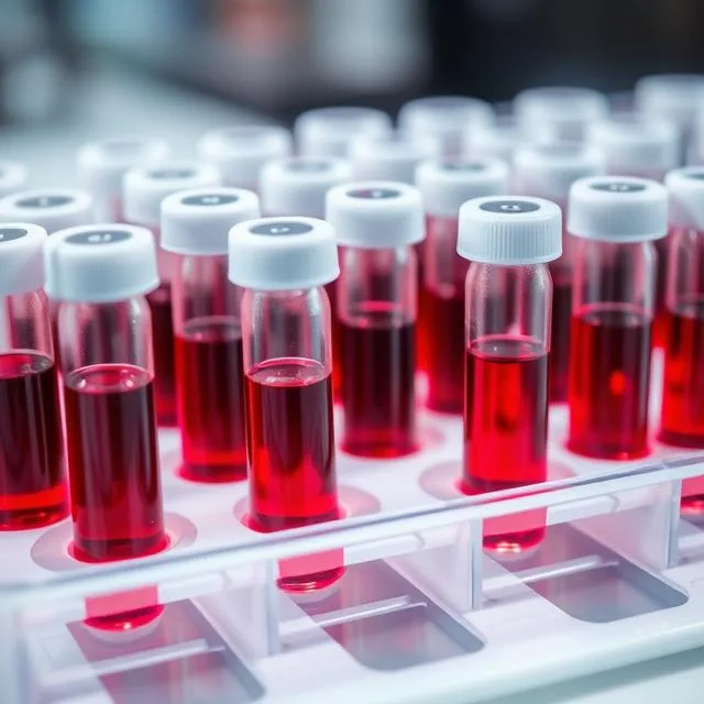 Blood vials labeled for biomarker testing in a lab tray